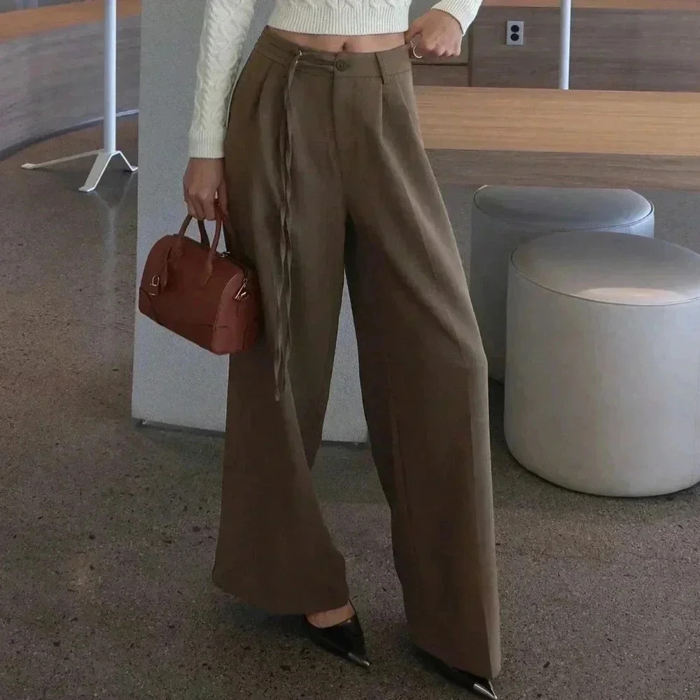 Brown Elegant Women's Loose Wide Leg Tie Pants - Picture 5 of 9